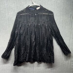 Altar'd State Black Lace Blouse Sheer Lace arms/chest Sz. Medium Flowy scalloped